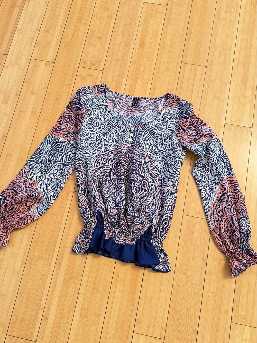 Guess by Marciano Navy, White & Peach Printed Peplum Blouse